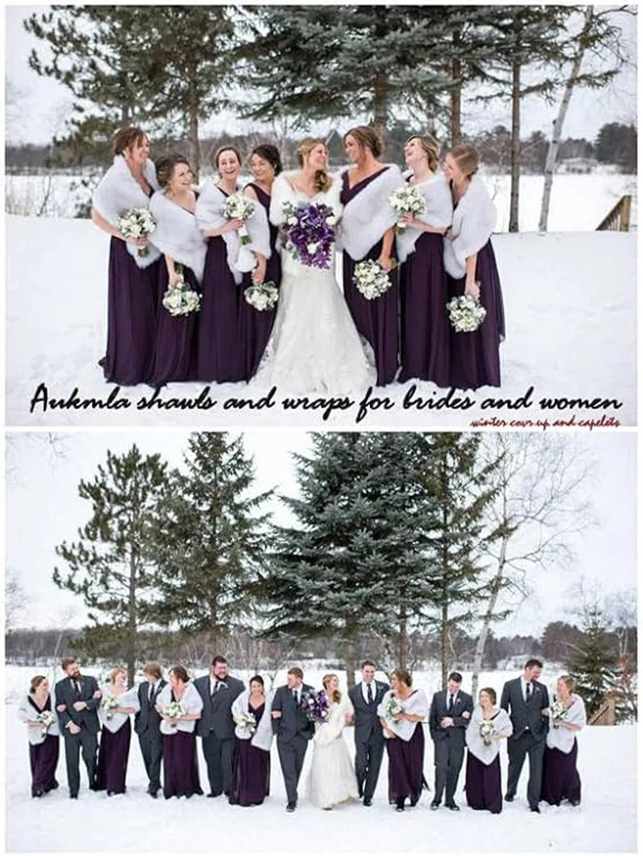 2025 White-Brown Long-Haired Faux Fur Wedding Shawl
