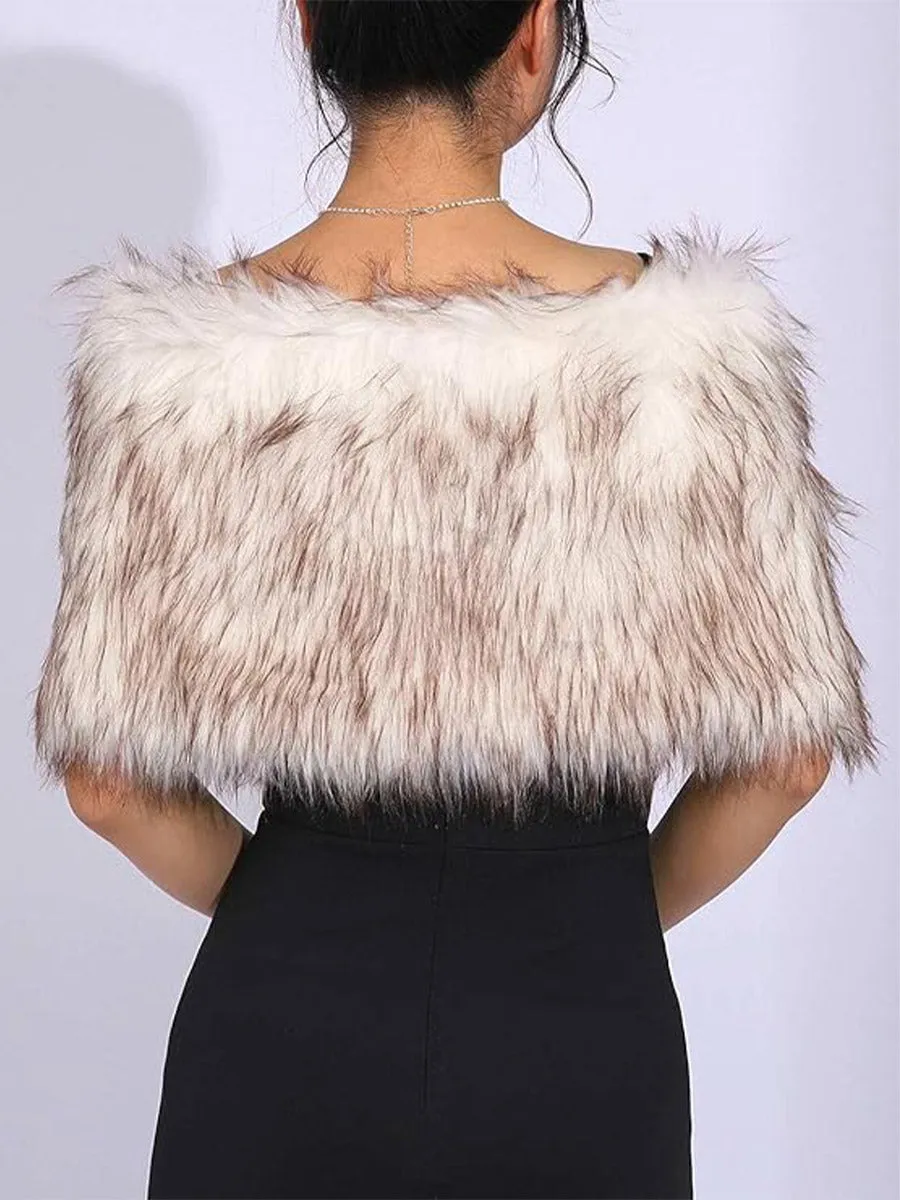 2025 White-Brown Long-Haired Faux Fur Wedding Shawl
