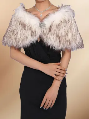 2025 White-Brown Long-Haired Faux Fur Wedding Shawl