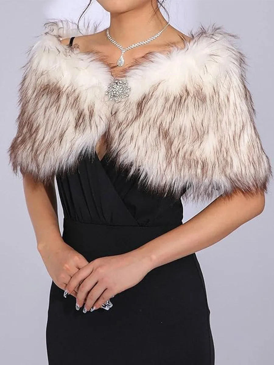 2025 White-Brown Long-Haired Faux Fur Wedding Shawl