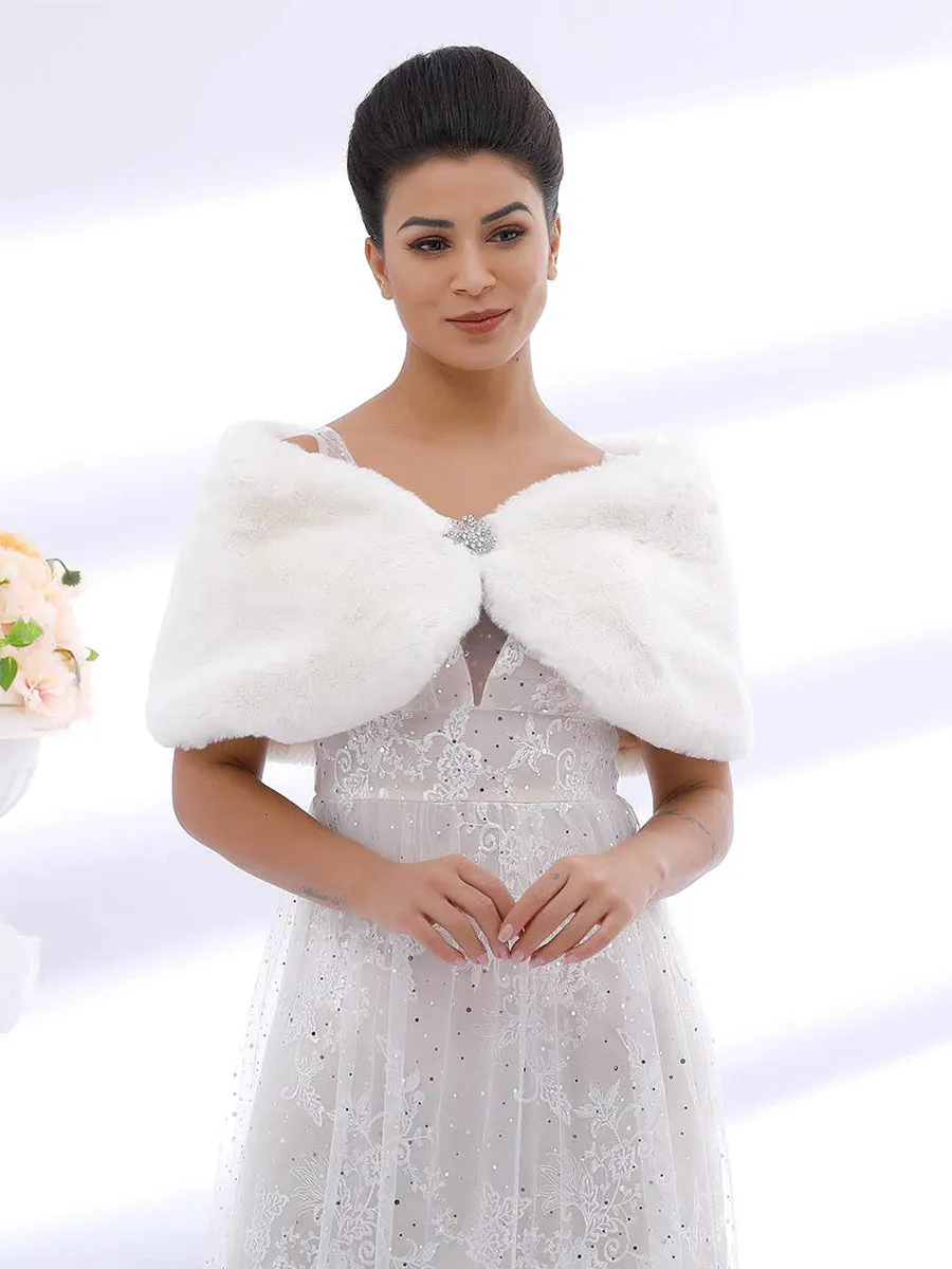 2025 White Faux Rabbit Fur Shawl Wedding Shrug Cover Up