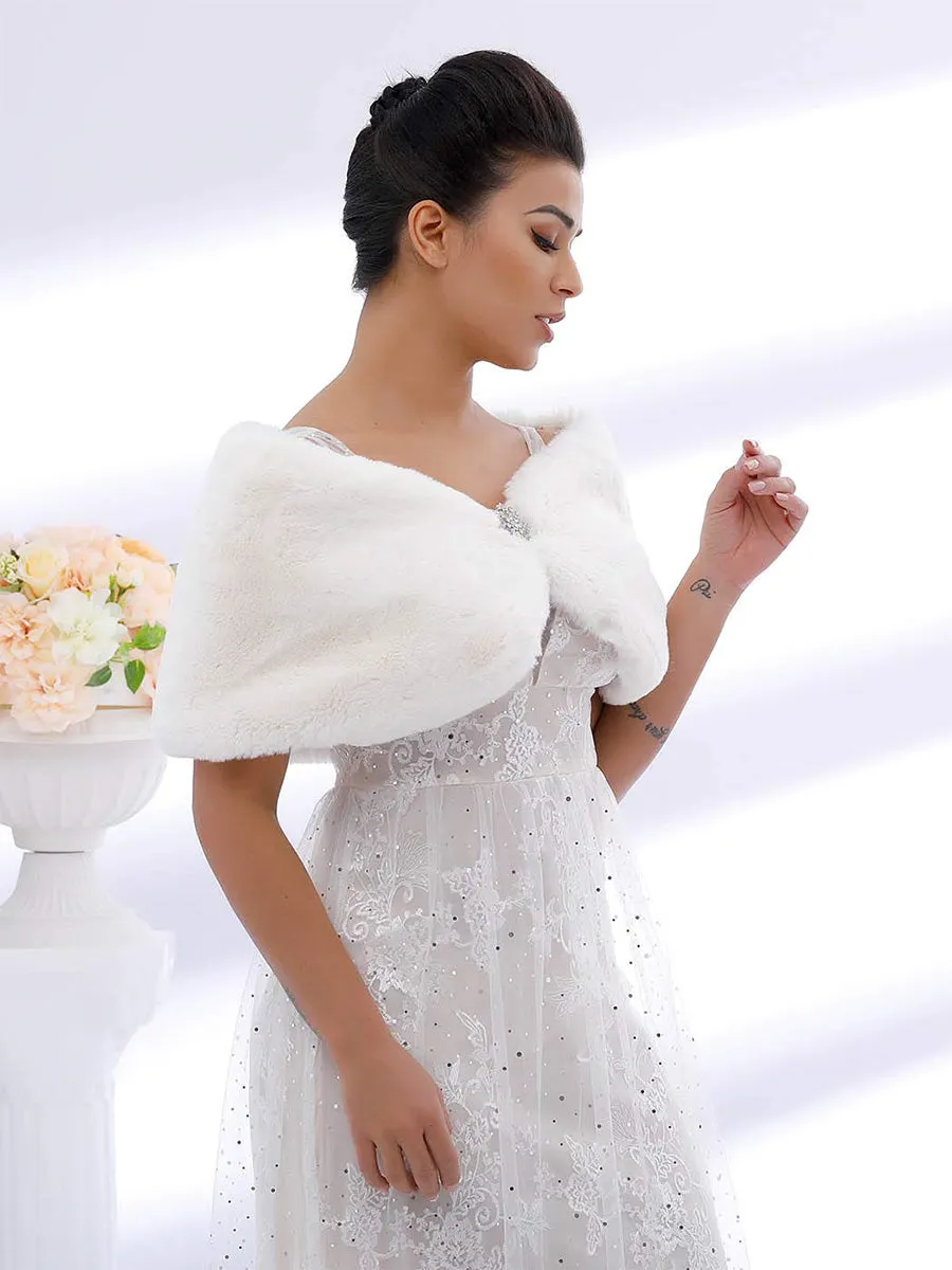 2025 White Faux Rabbit Fur Shawl Wedding Shrug Cover Up