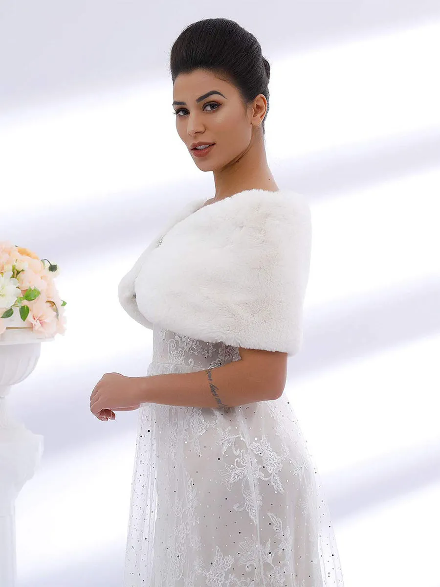 2025 White Faux Rabbit Fur Shawl Wedding Shrug Cover Up