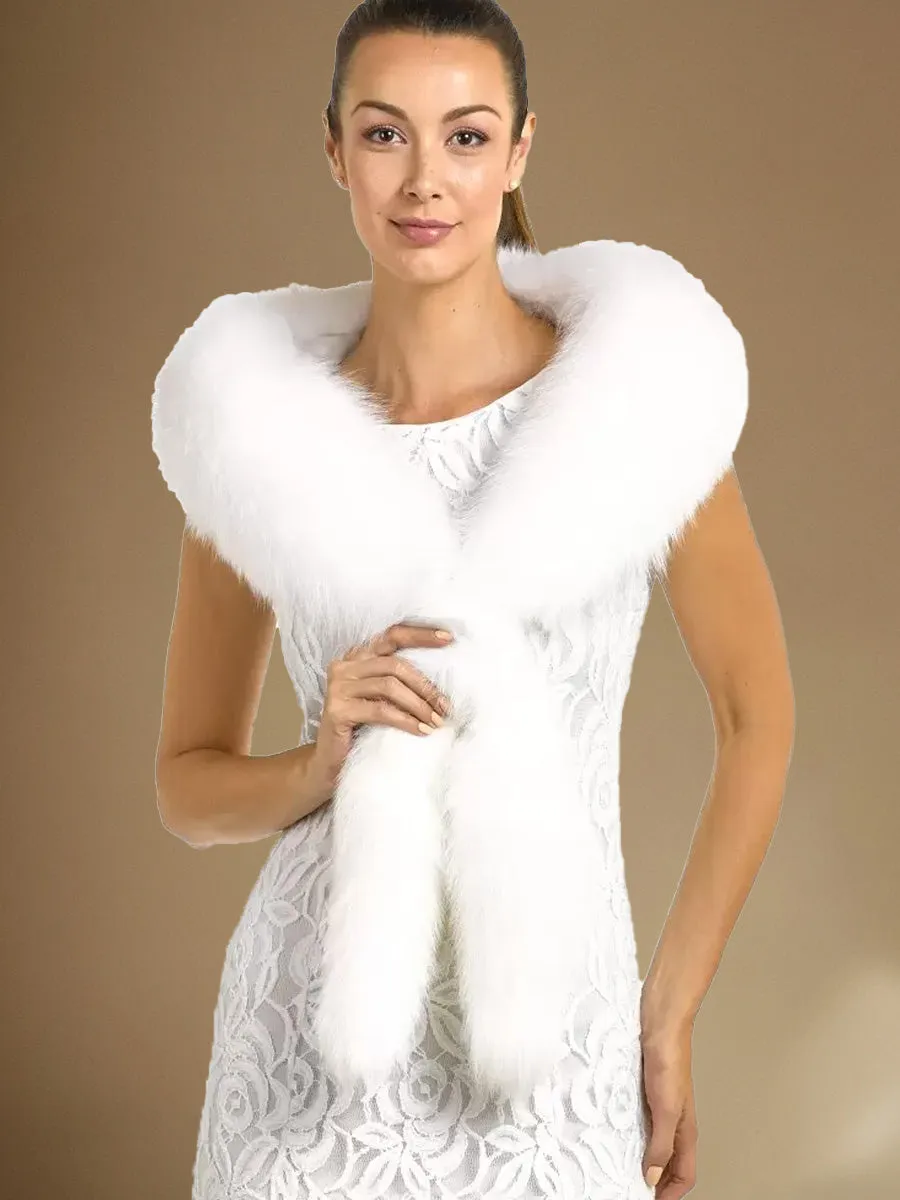 2025 Women's White Faux Fox Fur Long Scarf with Tails