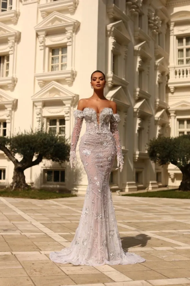 Ansley Beautiful Off-Shoulder With Gloves White Wedding Dress