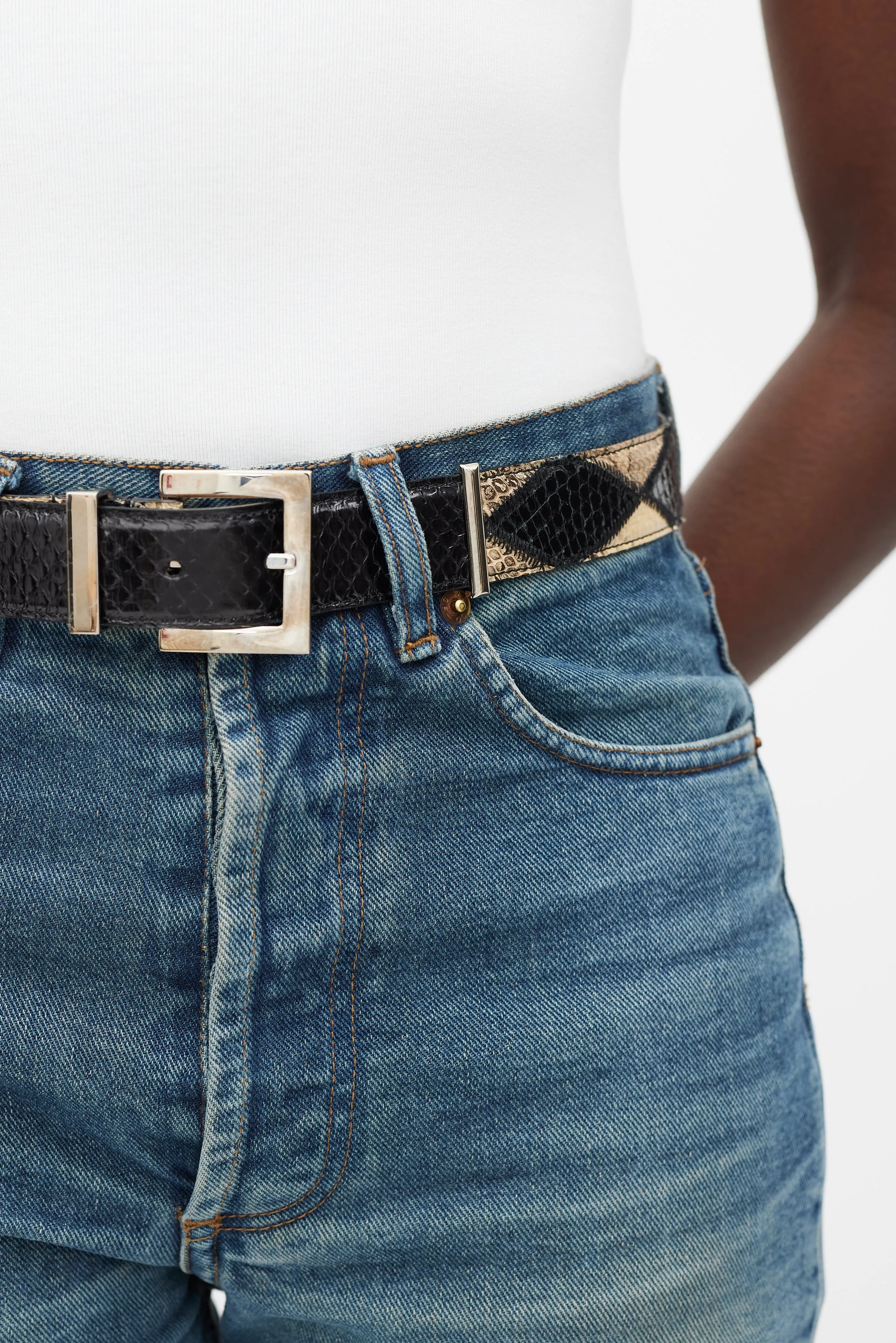 Black & Beige Textured Leather Panelled Belt