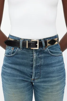 Black & Beige Textured Leather Panelled Belt