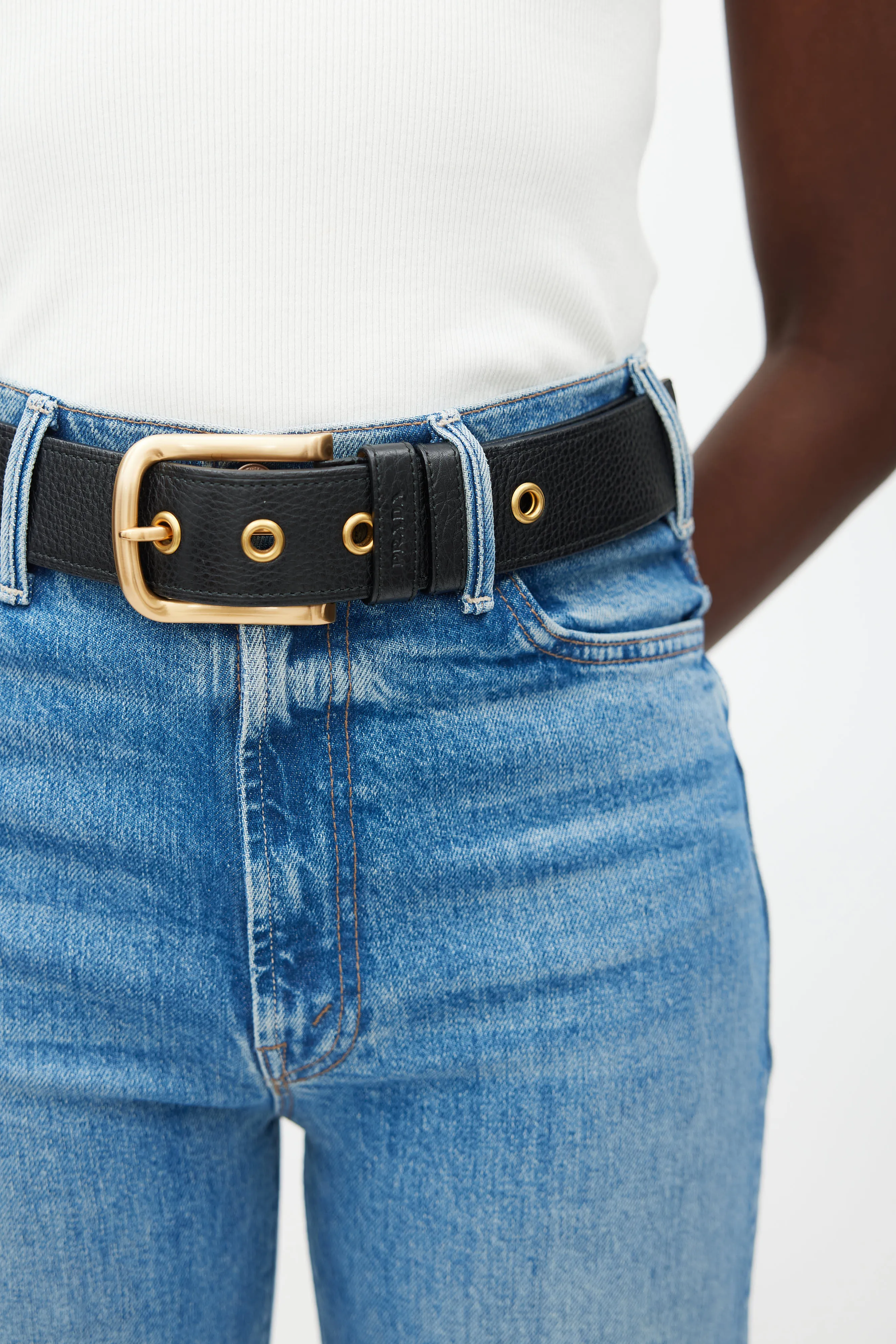 Black & Gold Buckle Textured Leather Belt
