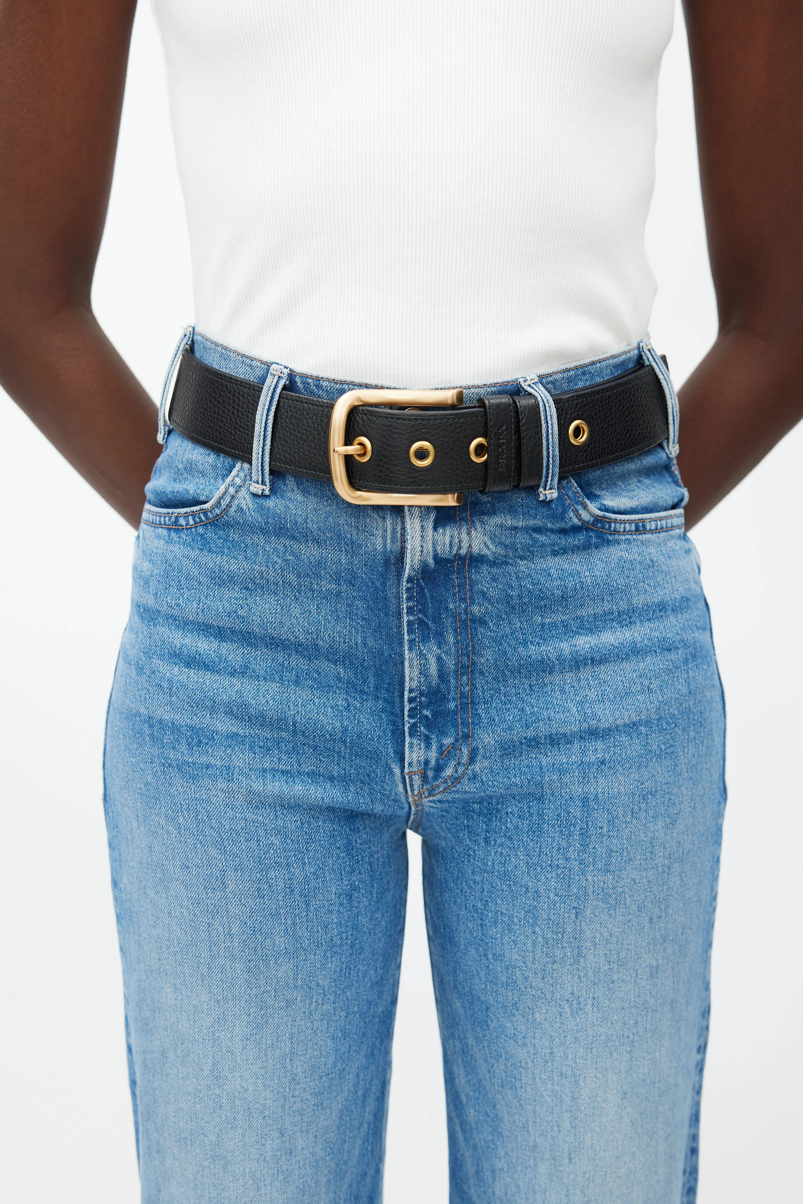Black & Gold Buckle Textured Leather Belt