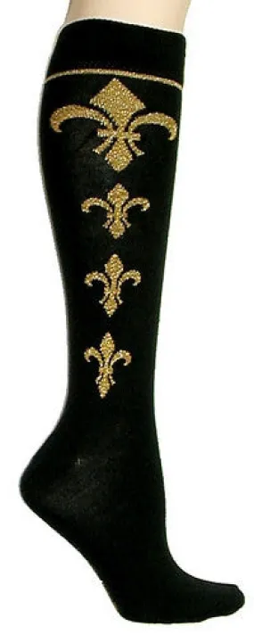 Black and Gold Fleur-de-lis Knee High Socks (Women's)