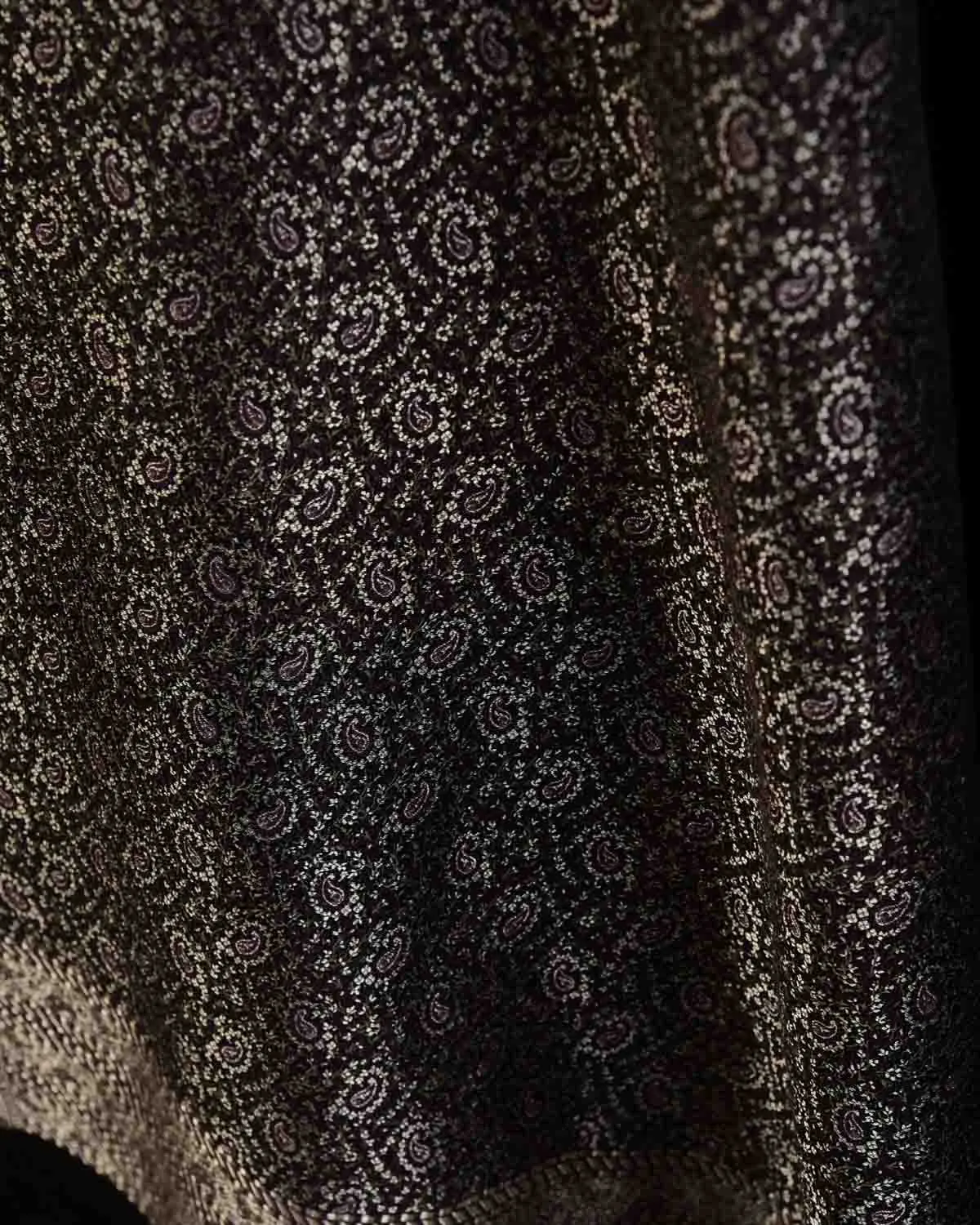 Black Banarasi Tehra Paisley Satin Jamawar Handwoven Silk Wool Unisex Dress Shawl with Silver Zari