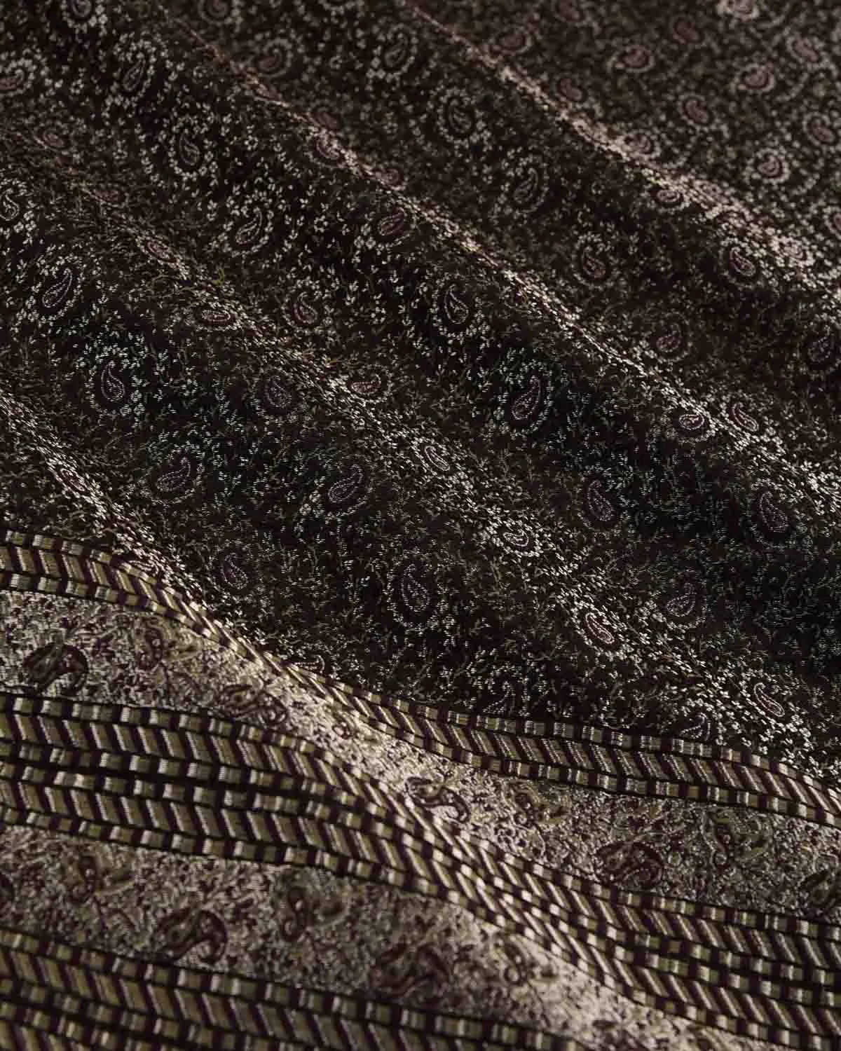 Black Banarasi Tehra Paisley Satin Jamawar Handwoven Silk Wool Unisex Dress Shawl with Silver Zari