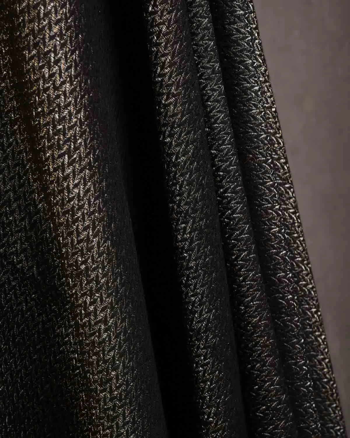 Black Gold & Silver Metallic Zari Herring Bone Brocade Handwoven Silk Wool Unisex Dress Shawl with Feather Pallu