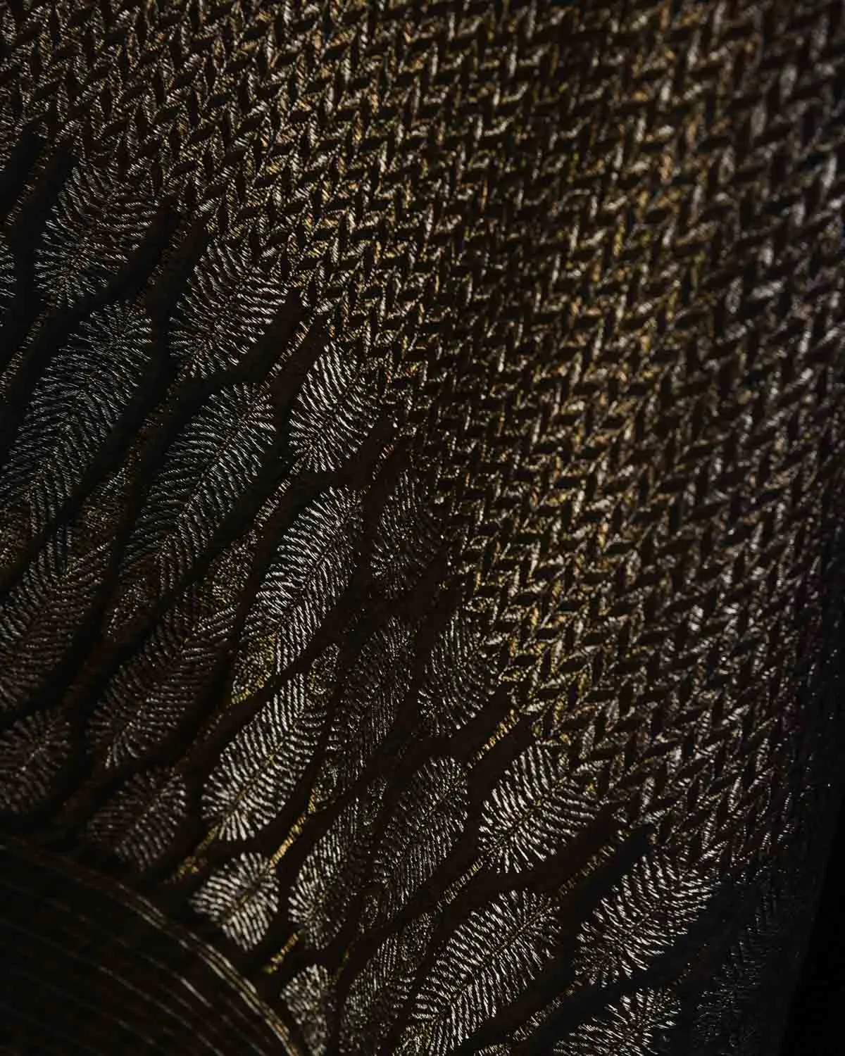 Black Gold & Silver Metallic Zari Herring Bone Brocade Handwoven Silk Wool Unisex Dress Shawl with Feather Pallu