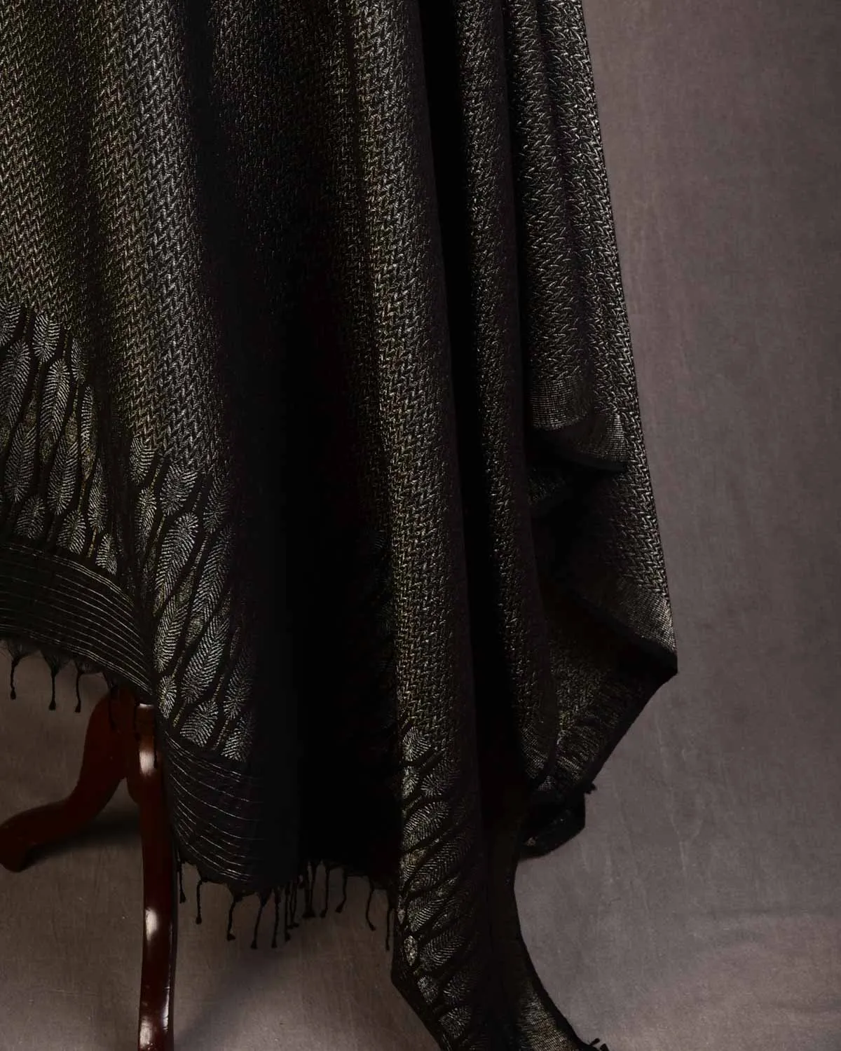 Black Gold & Silver Metallic Zari Herring Bone Brocade Handwoven Silk Wool Unisex Dress Shawl with Feather Pallu