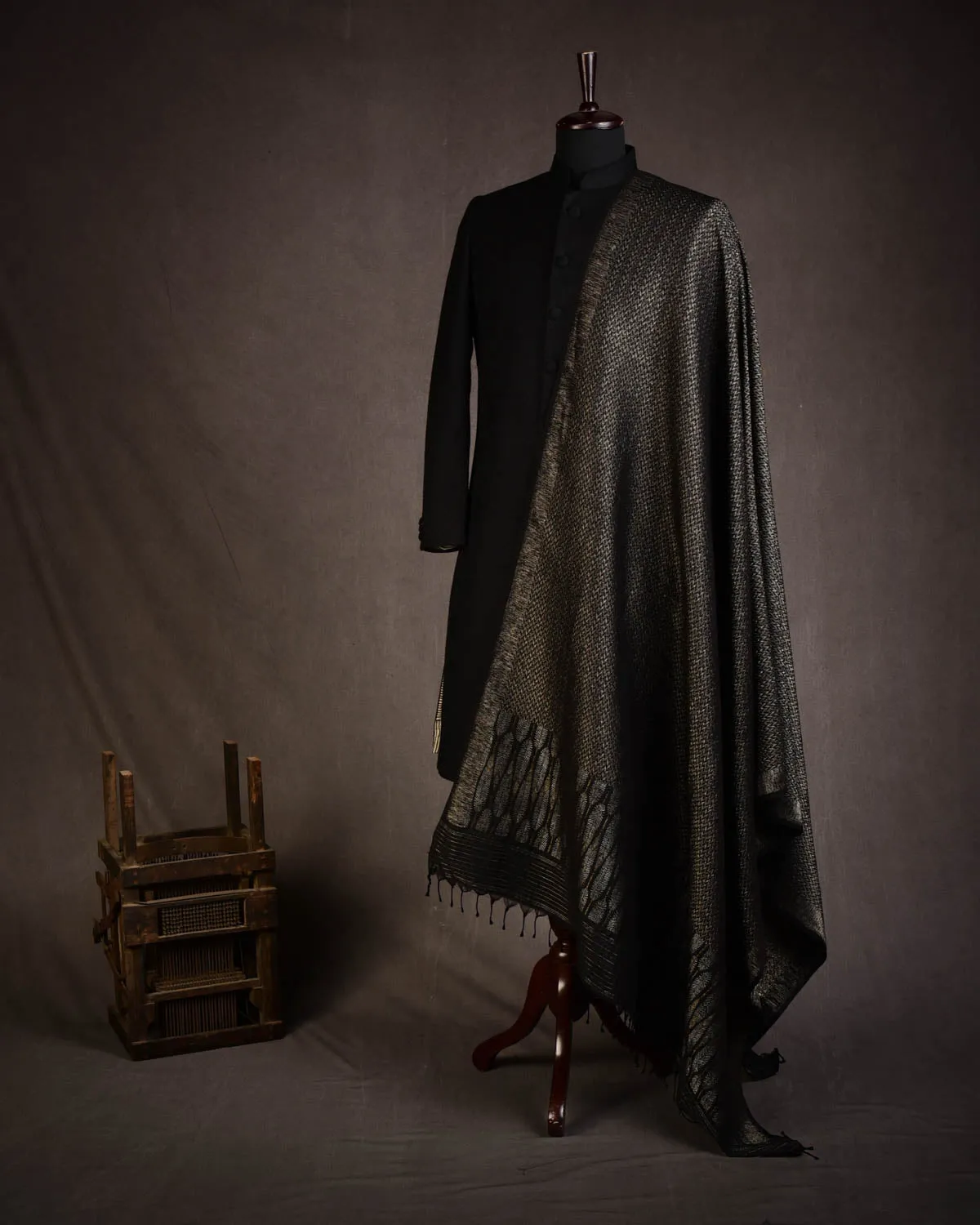 Black Gold & Silver Metallic Zari Herring Bone Brocade Handwoven Silk Wool Unisex Dress Shawl with Feather Pallu