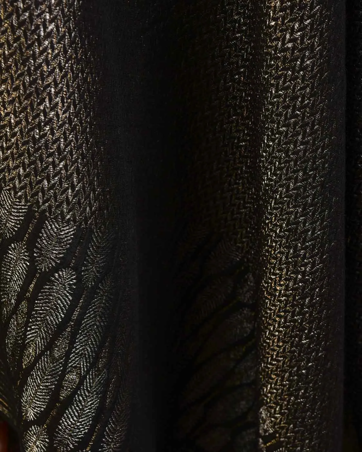 Black Gold & Silver Metallic Zari Herring Bone Brocade Handwoven Silk Wool Unisex Dress Shawl with Feather Pallu