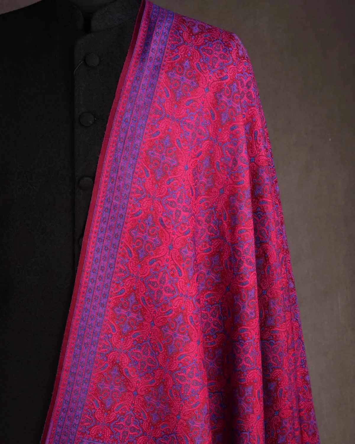 Blue On Maroon Tehra Traditional Jamawar Handwoven Silk Wool Unisex Dress Shawl