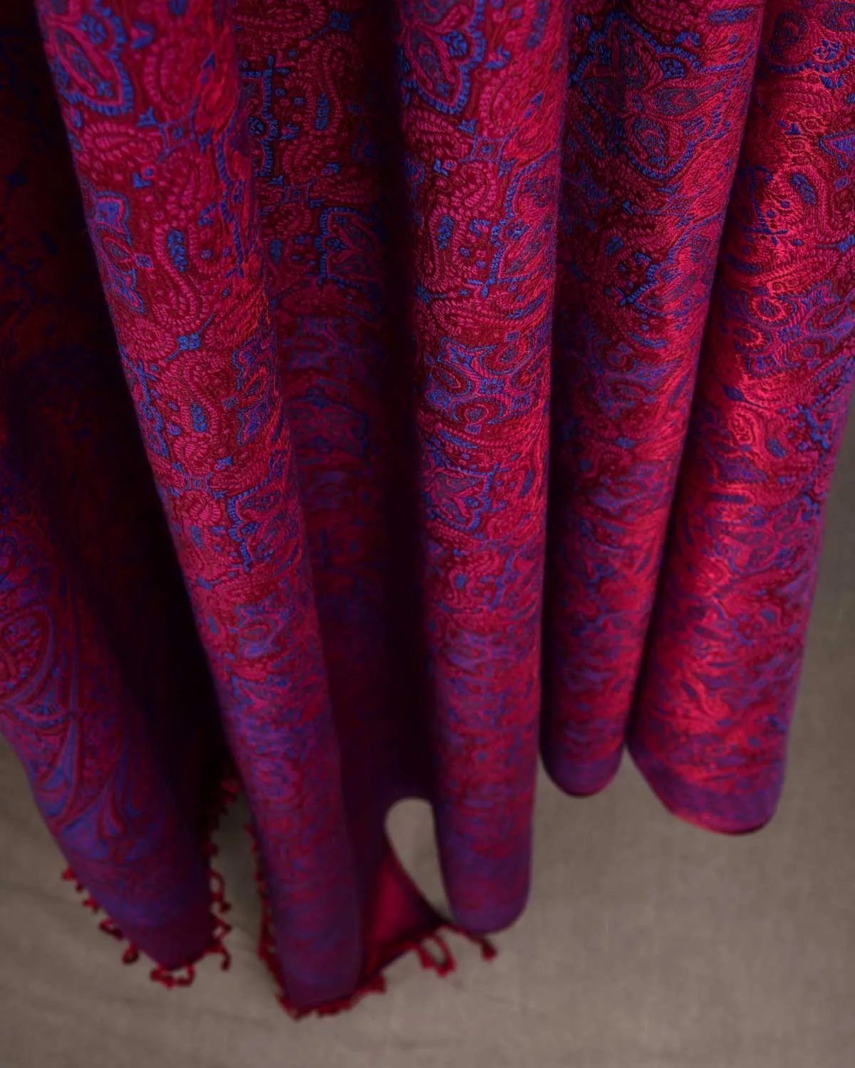 Blue On Maroon Tehra Traditional Jamawar Handwoven Silk Wool Unisex Dress Shawl