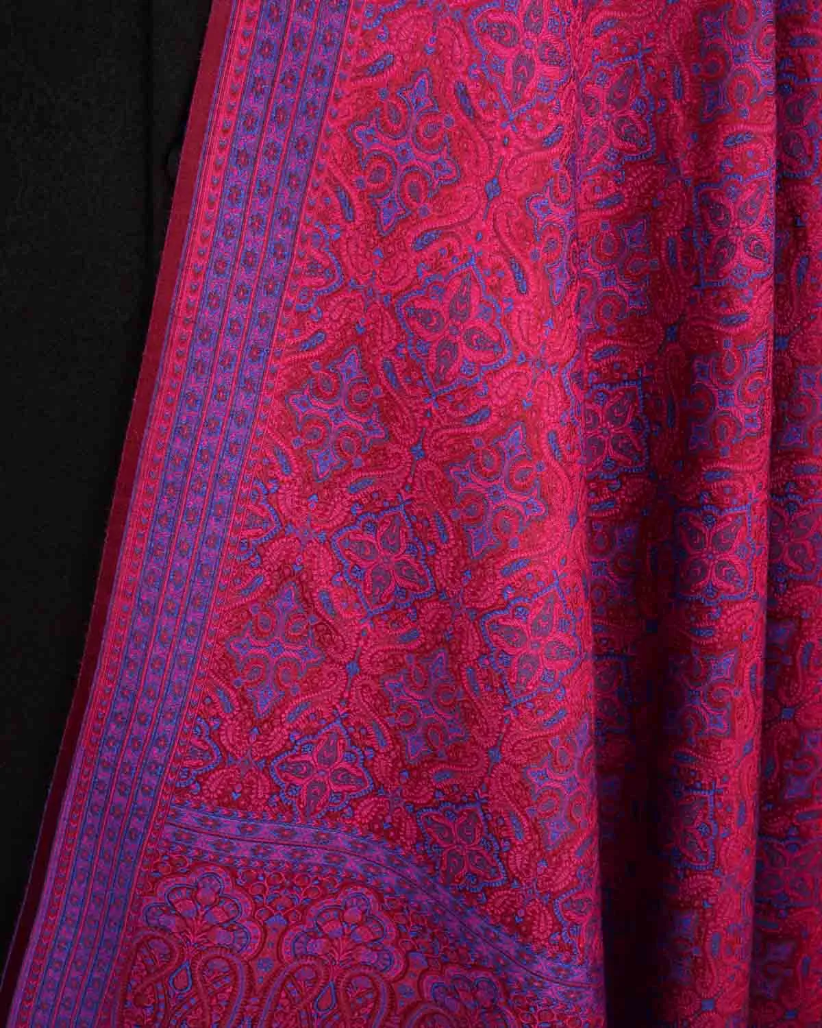 Blue On Maroon Tehra Traditional Jamawar Handwoven Silk Wool Unisex Dress Shawl