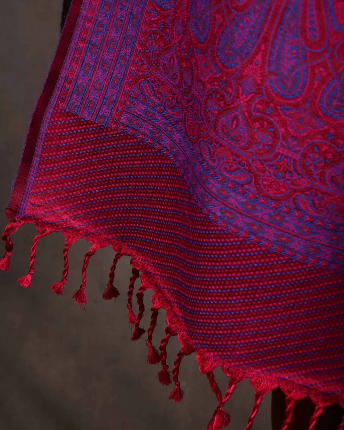 Blue On Maroon Tehra Traditional Jamawar Handwoven Silk Wool Unisex Dress Shawl