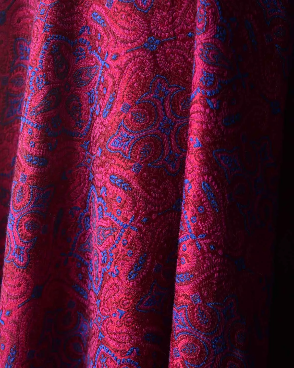 Blue On Maroon Tehra Traditional Jamawar Handwoven Silk Wool Unisex Dress Shawl