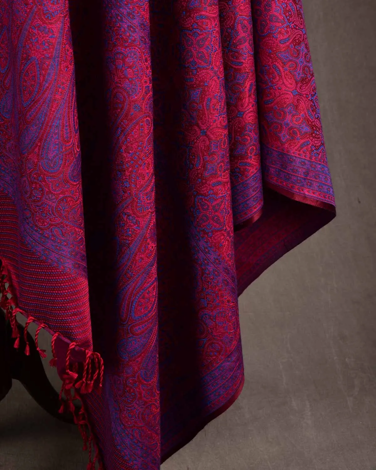 Blue On Maroon Tehra Traditional Jamawar Handwoven Silk Wool Unisex Dress Shawl