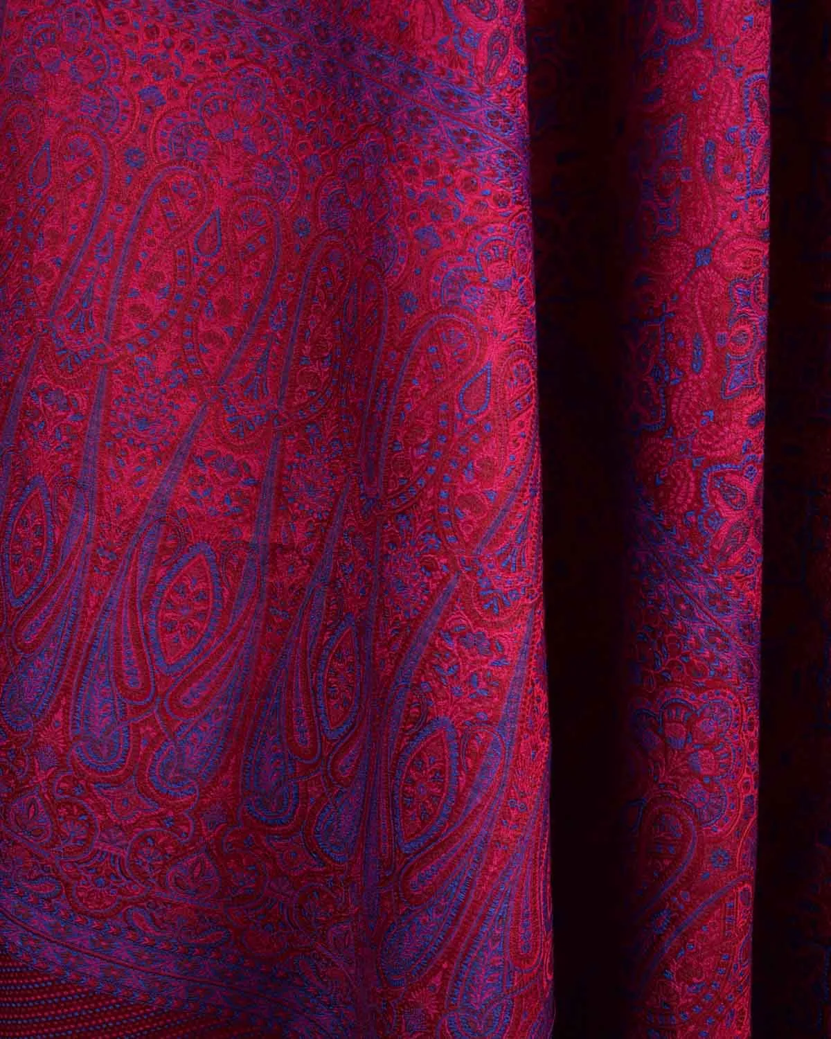 Blue On Maroon Tehra Traditional Jamawar Handwoven Silk Wool Unisex Dress Shawl