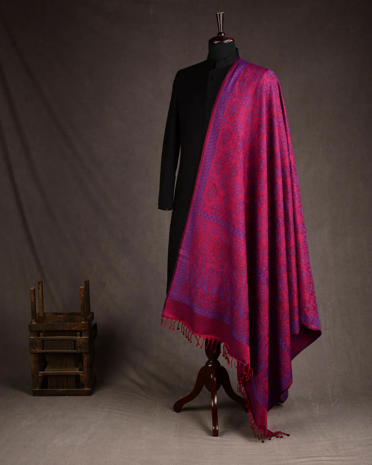 Blue On Maroon Tehra Traditional Jamawar Handwoven Silk Wool Unisex Dress Shawl