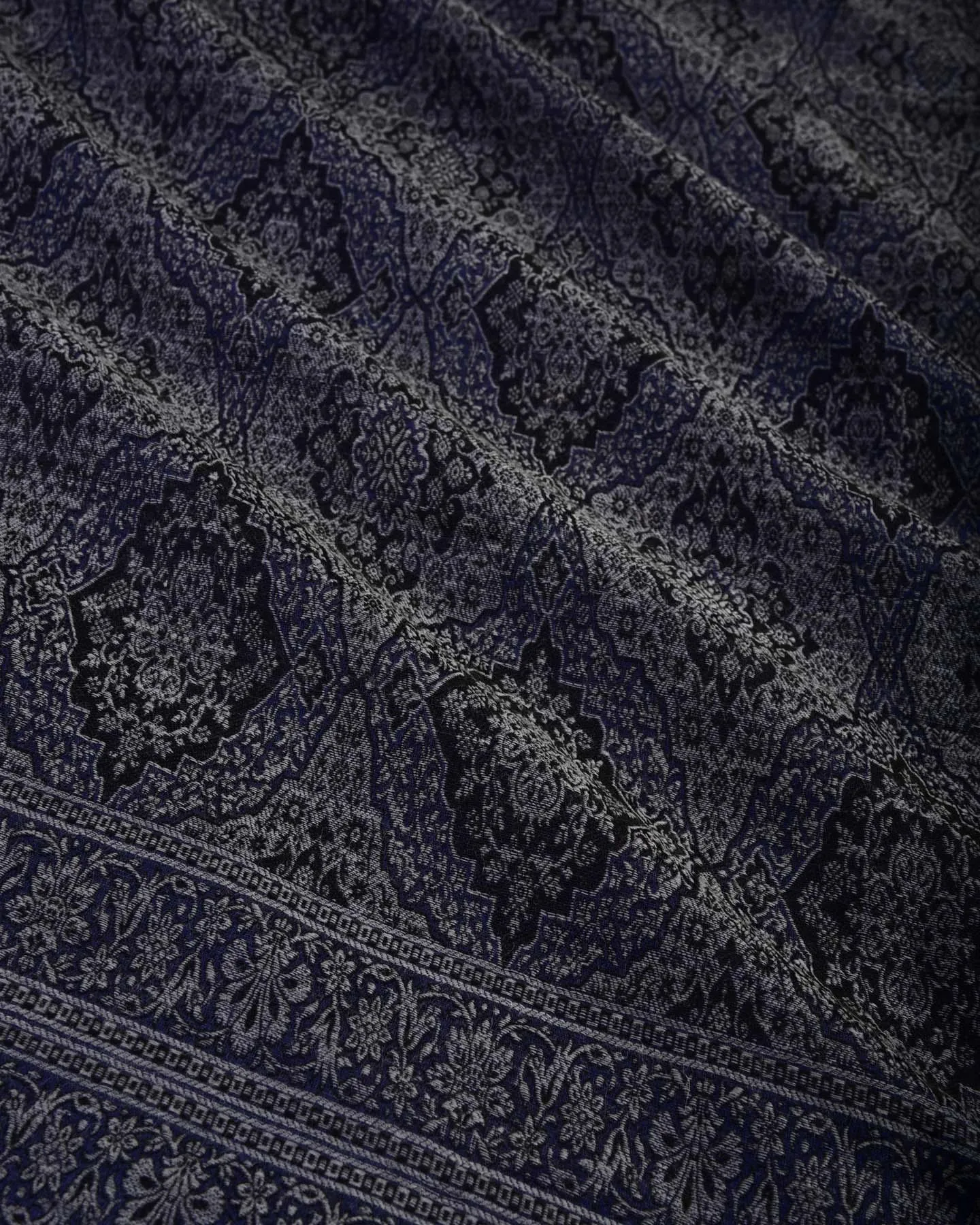 Gray on Navy Blue Banarasi Alfi Damask Jamawar Handwoven Silk-wool Shawl