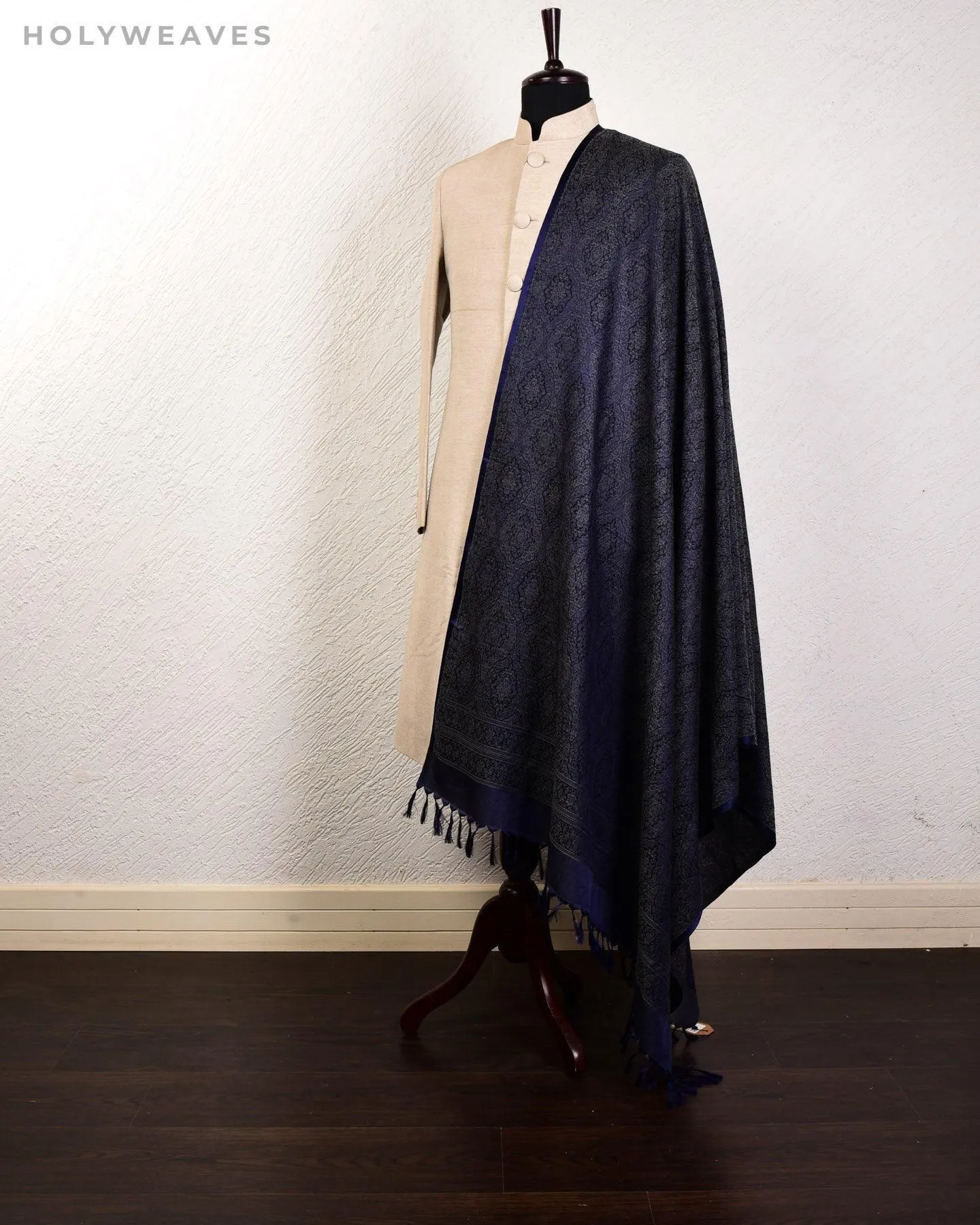 Gray on Navy Blue Banarasi Alfi Damask Jamawar Handwoven Silk-wool Shawl
