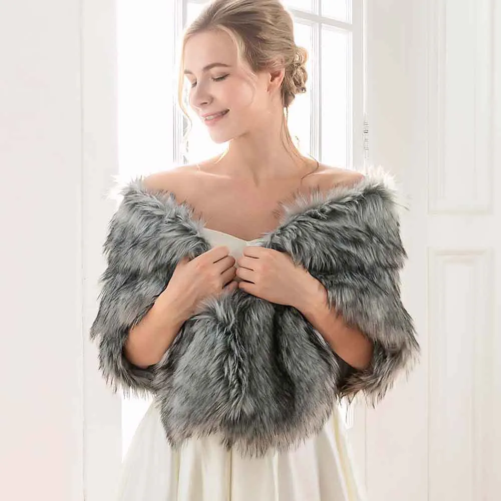 Grey Women's Faux Fur Shawls and Wraps Wedding Fur Scarf Stole