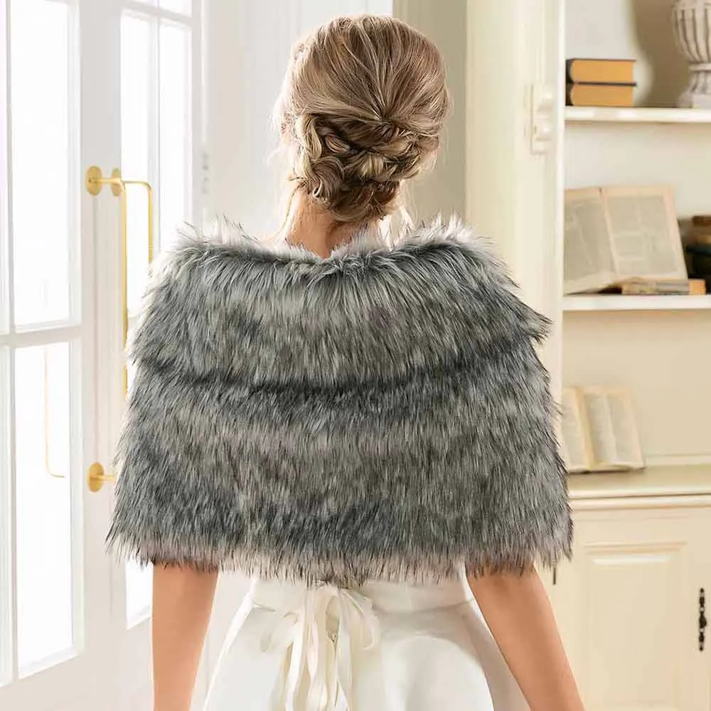 Grey Women's Faux Fur Shawls and Wraps Wedding Fur Scarf Stole