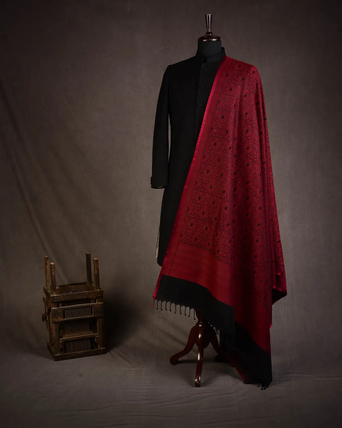 Maroon Damask Tanchoi Handwoven Silk Wool Unisex Dress Shawl