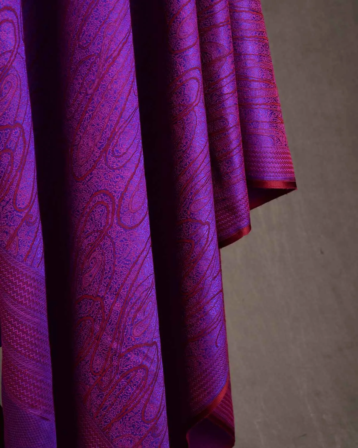 Maroon On Purple Paisley Satin Tanchoi Handwoven Silk Wool Unisex Dress Shawl