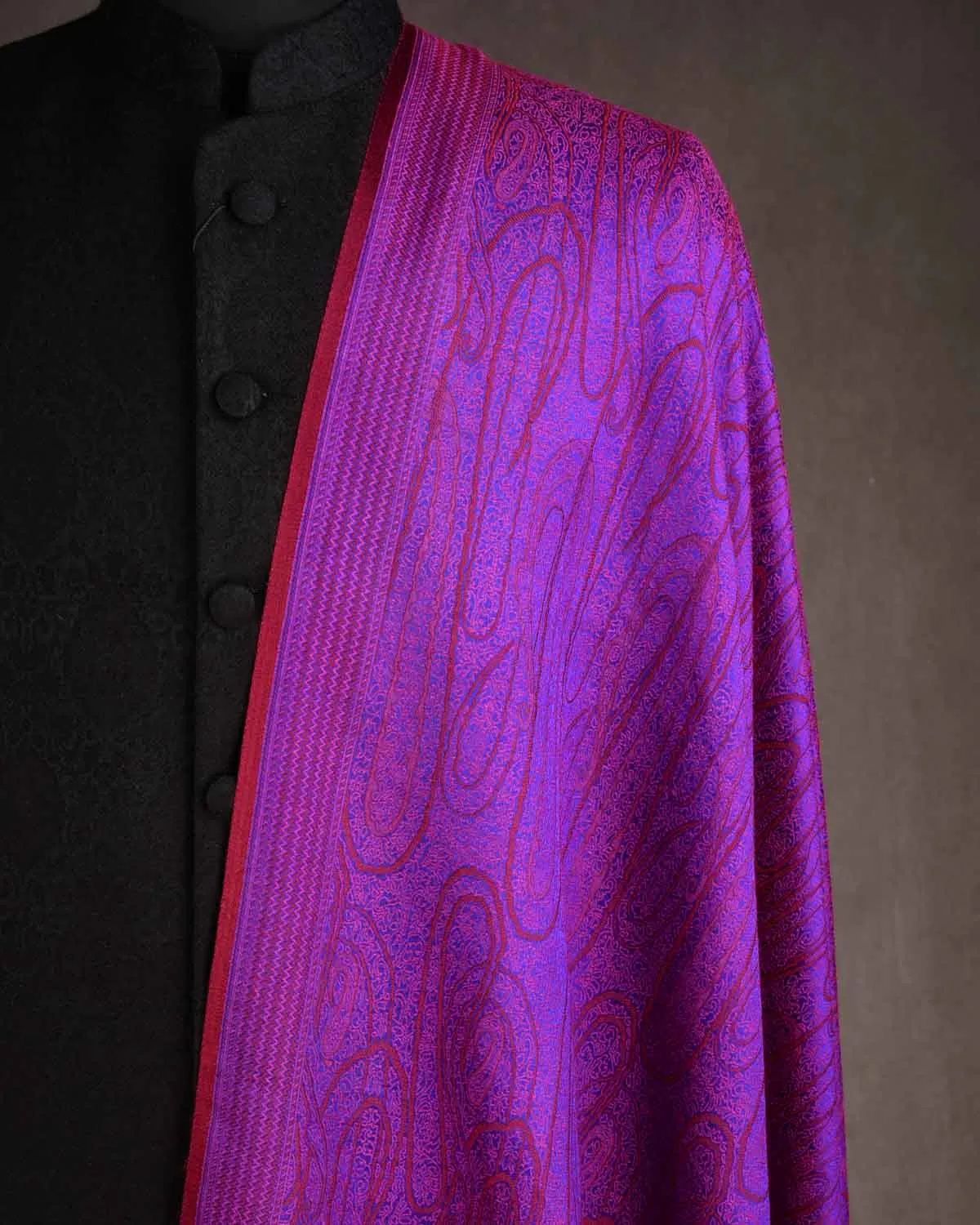 Maroon On Purple Paisley Satin Tanchoi Handwoven Silk Wool Unisex Dress Shawl