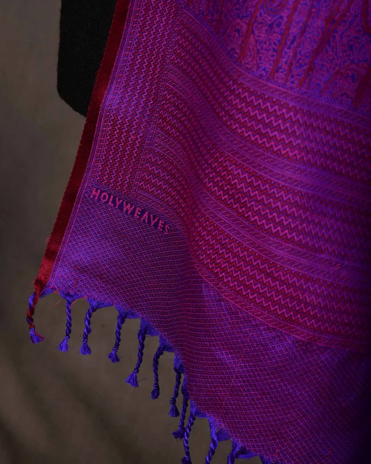 Maroon On Purple Paisley Satin Tanchoi Handwoven Silk Wool Unisex Dress Shawl