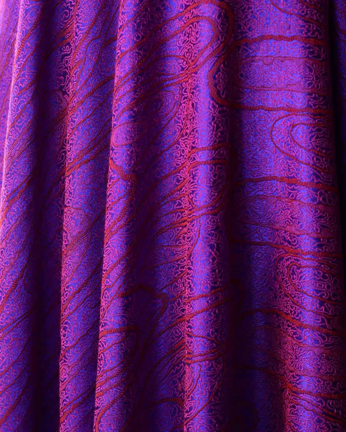 Maroon On Purple Paisley Satin Tanchoi Handwoven Silk Wool Unisex Dress Shawl