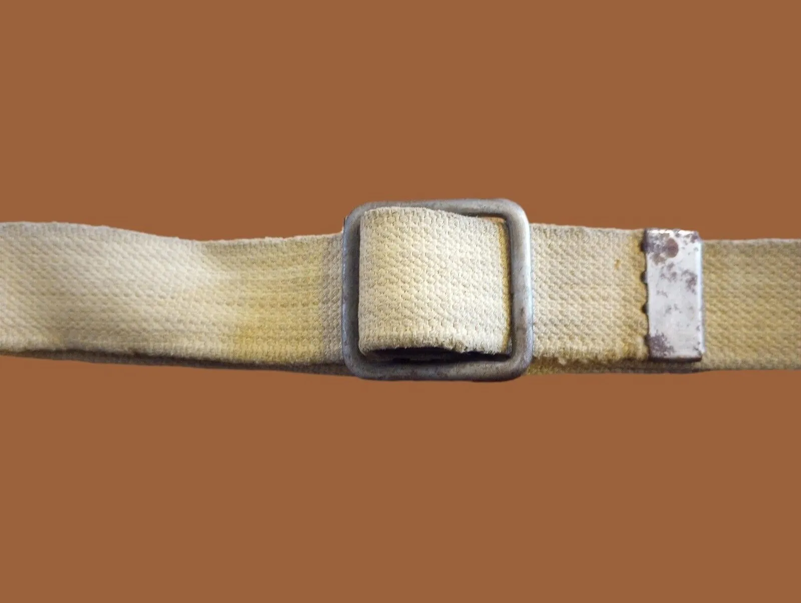 MILITARY ISSUE FRENCH ARMY KHAKI WEB BELT WITH OPEN FACE BUCKLE LARGE WWII ERA
