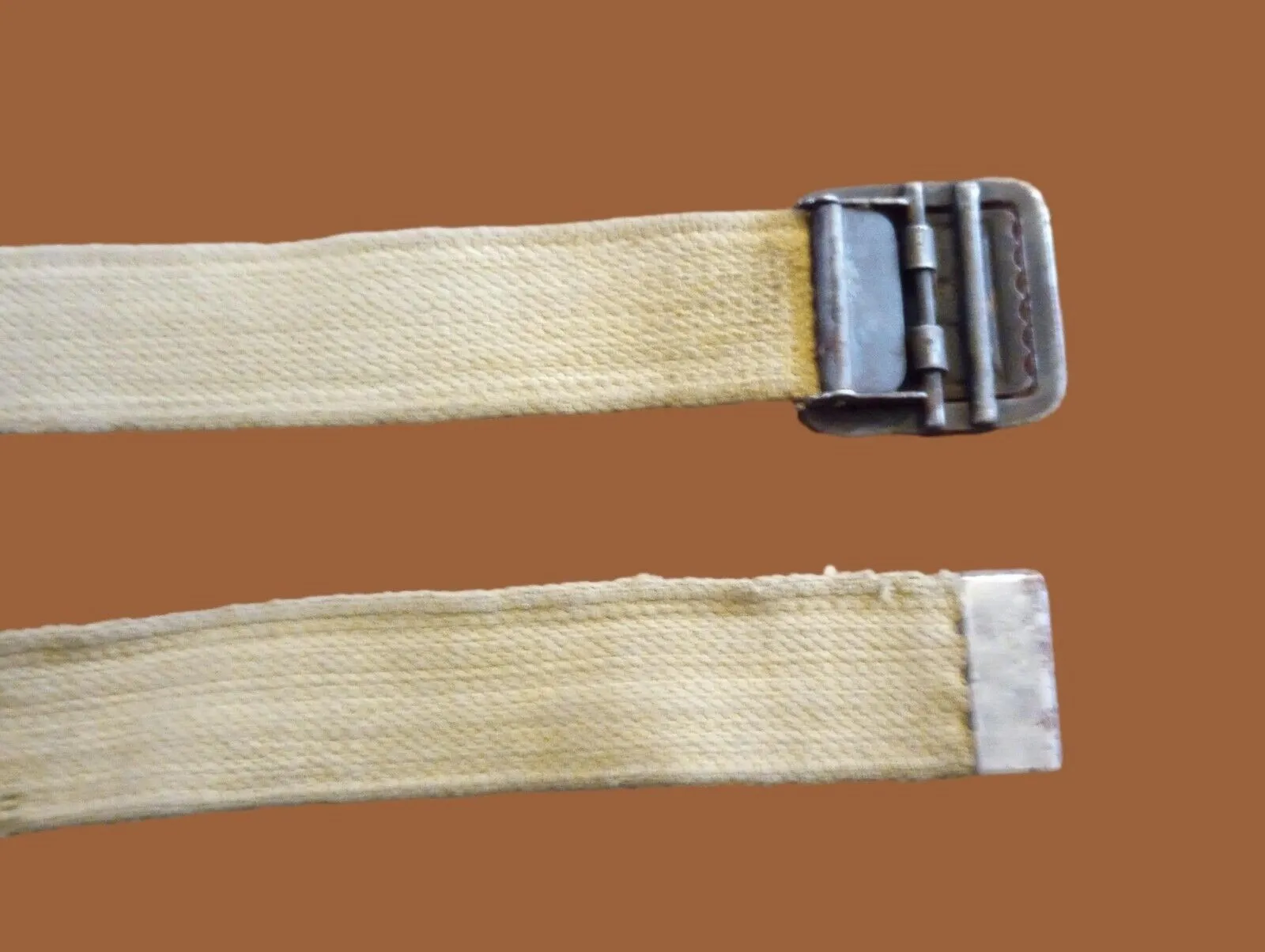 MILITARY ISSUE FRENCH ARMY KHAKI WEB BELT WITH OPEN FACE BUCKLE LARGE WWII ERA