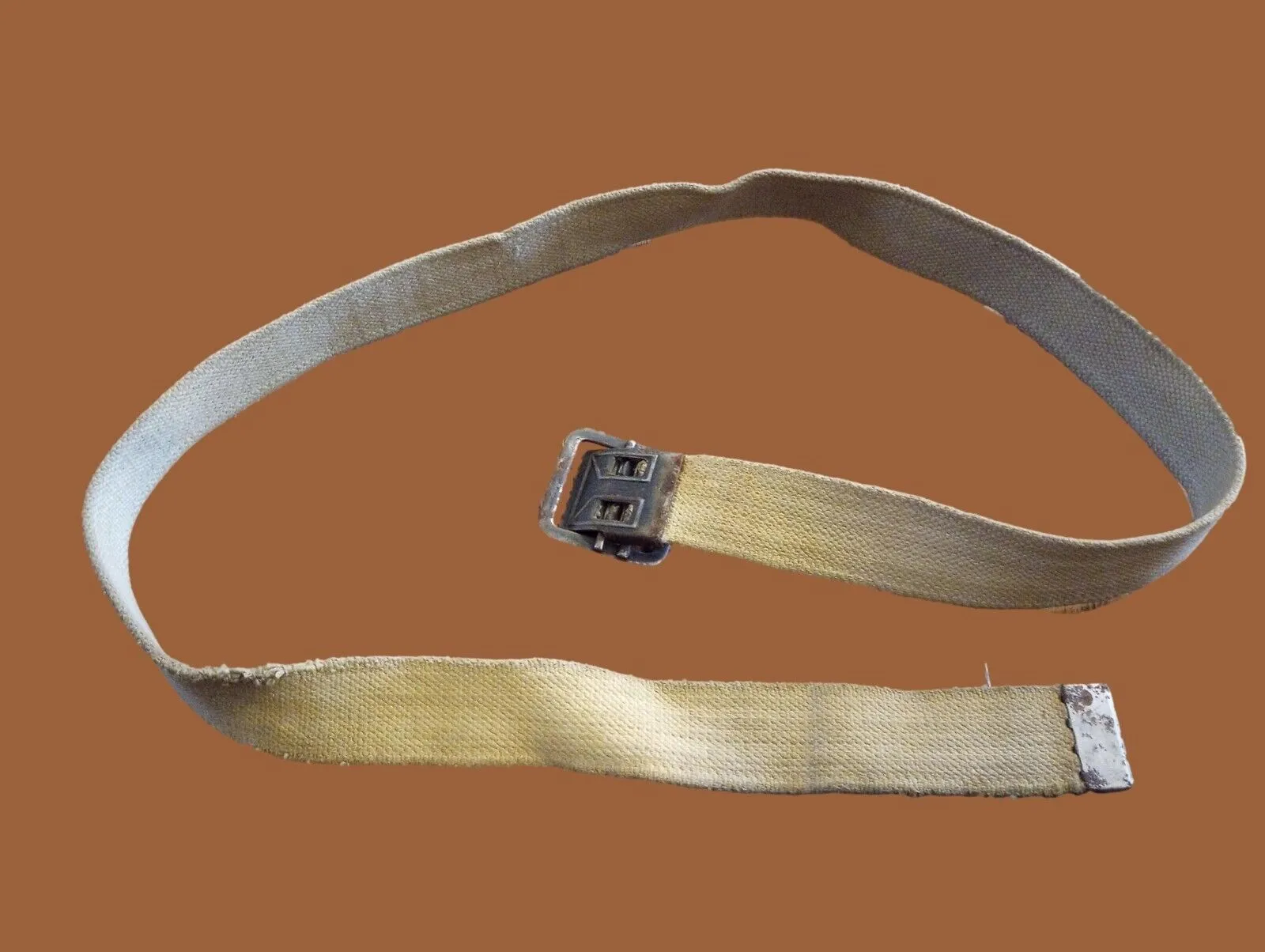 MILITARY ISSUE FRENCH ARMY KHAKI WEB BELT WITH OPEN FACE BUCKLE LARGE WWII ERA