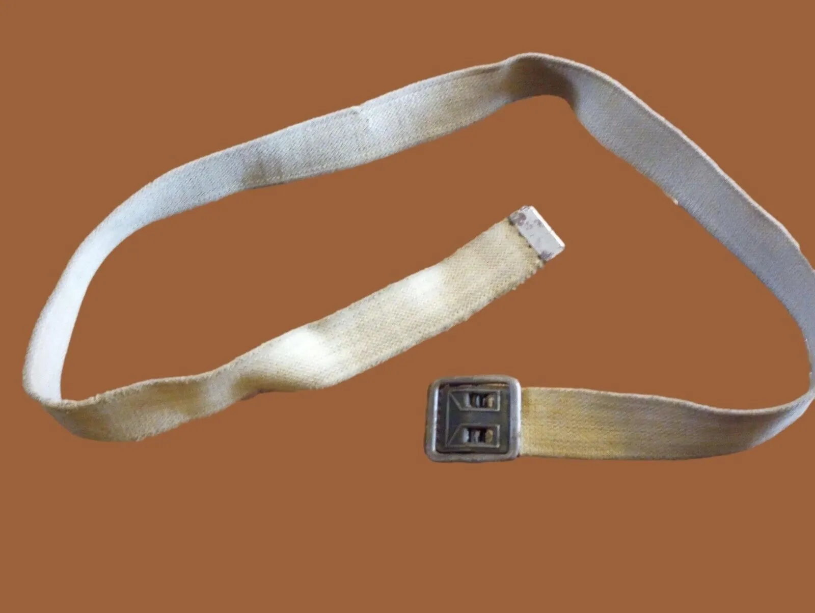 MILITARY ISSUE FRENCH ARMY KHAKI WEB BELT WITH OPEN FACE BUCKLE LARGE WWII ERA