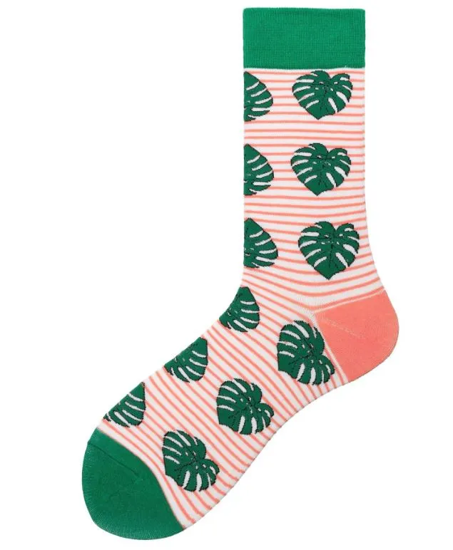 SF414 Peach Striped Monstera Leaves Socks
