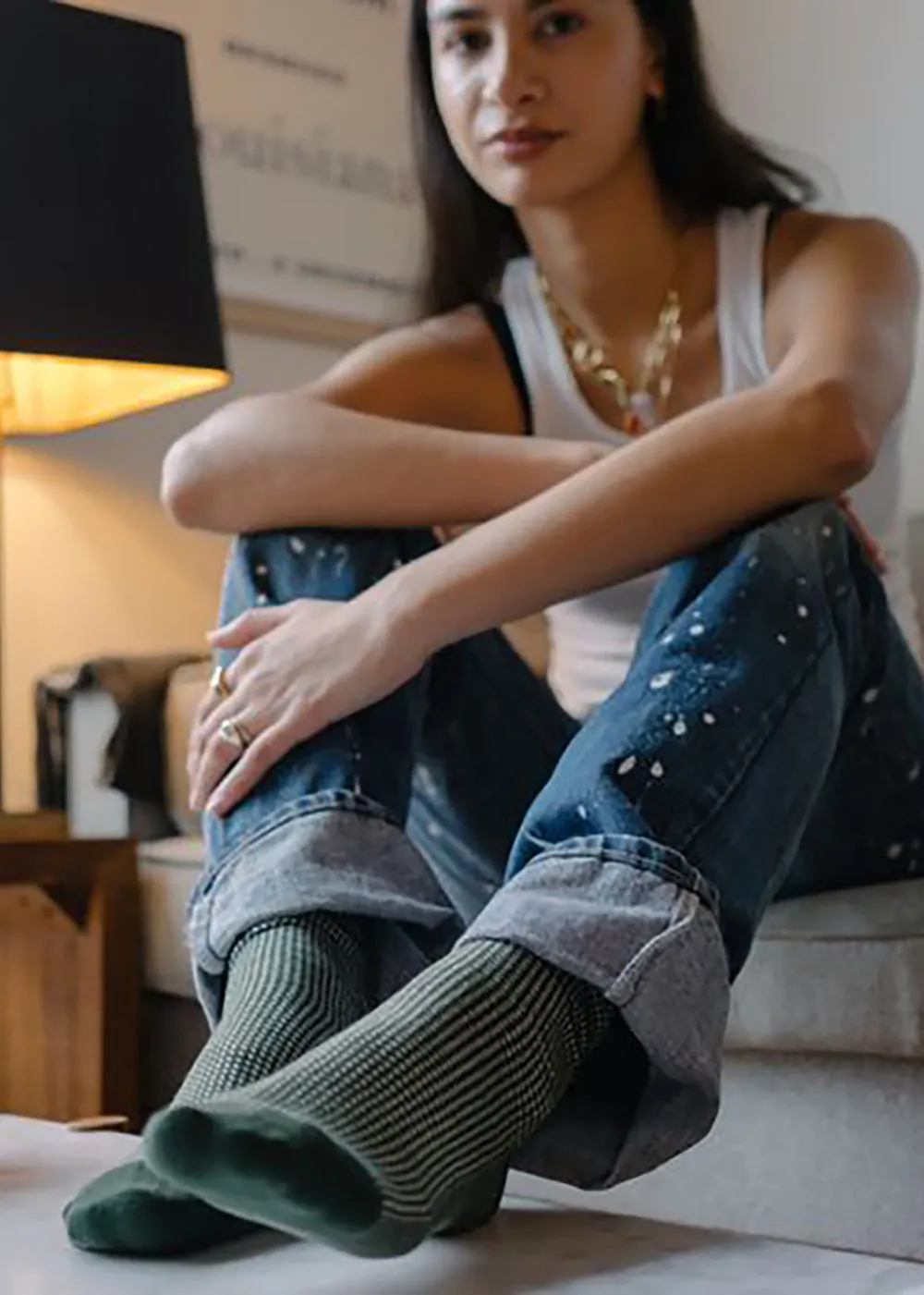 Women's Houndstooth Socks - Green & Ivory