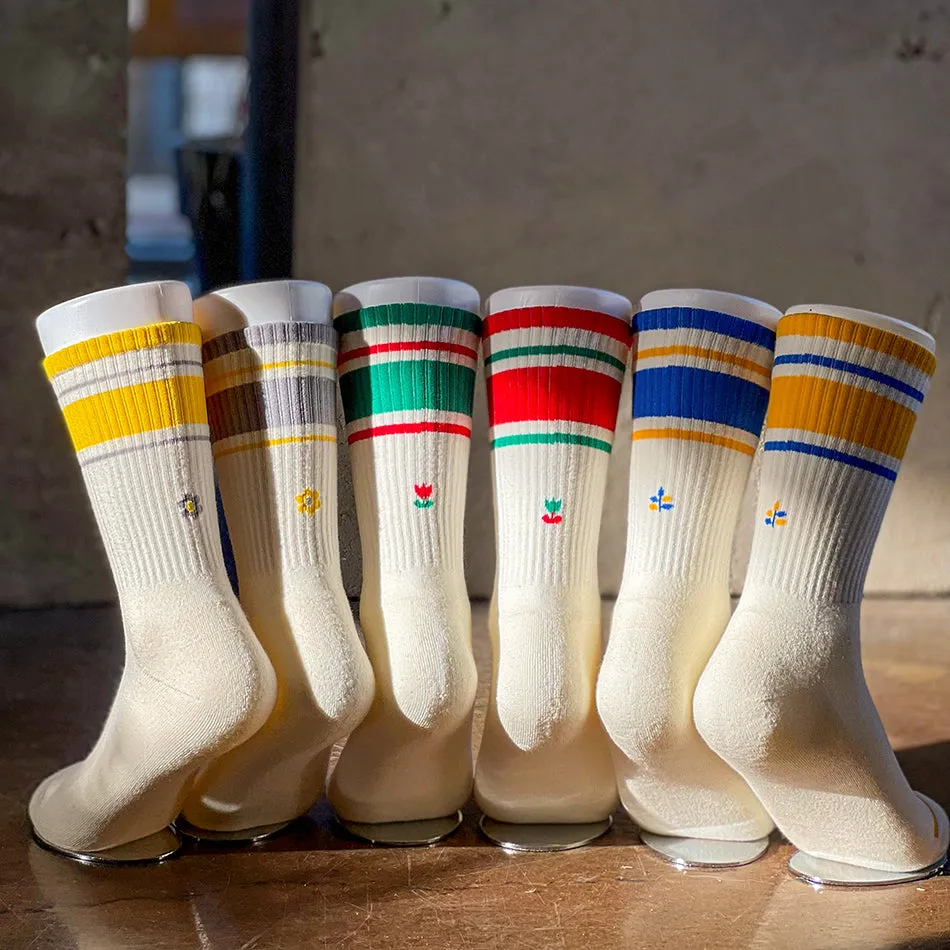 Women's Mismatched Vintage Stripe Socks - Blue, Yellow, & White