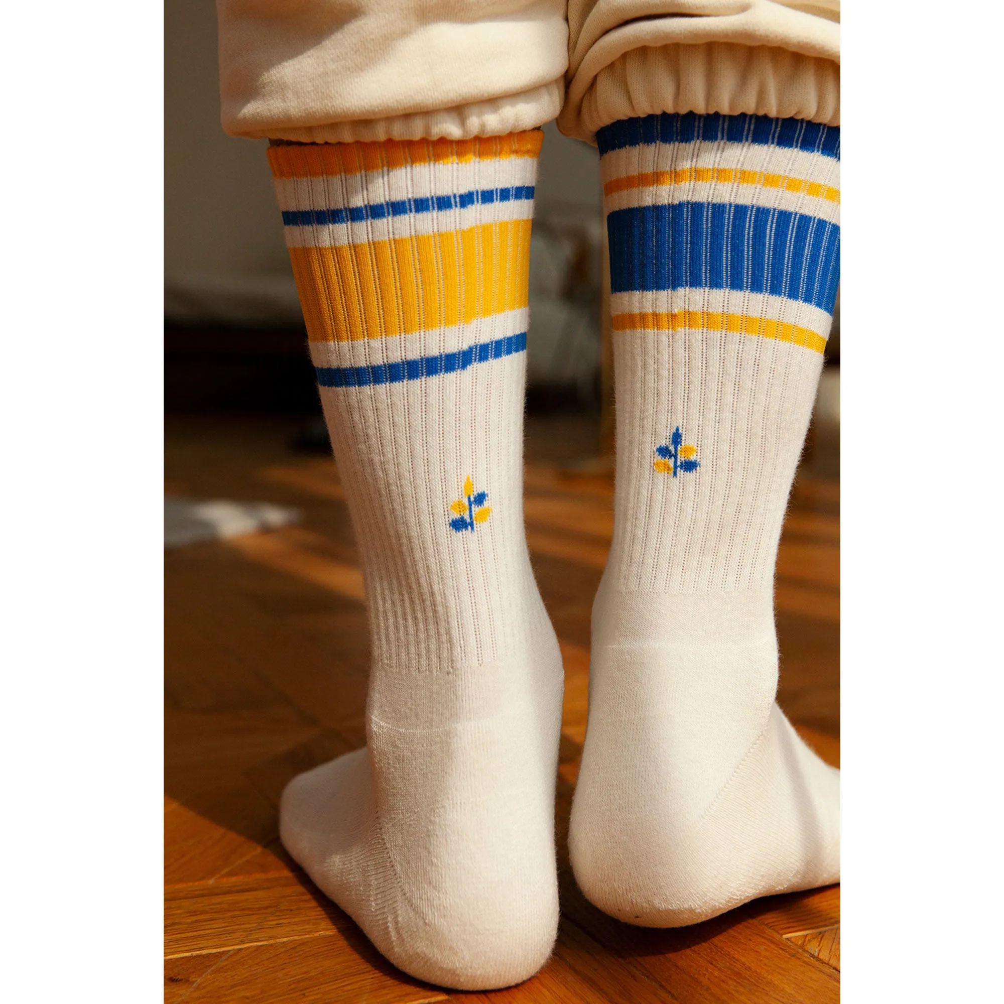 Women's Mismatched Vintage Stripe Socks - Blue, Yellow, & White