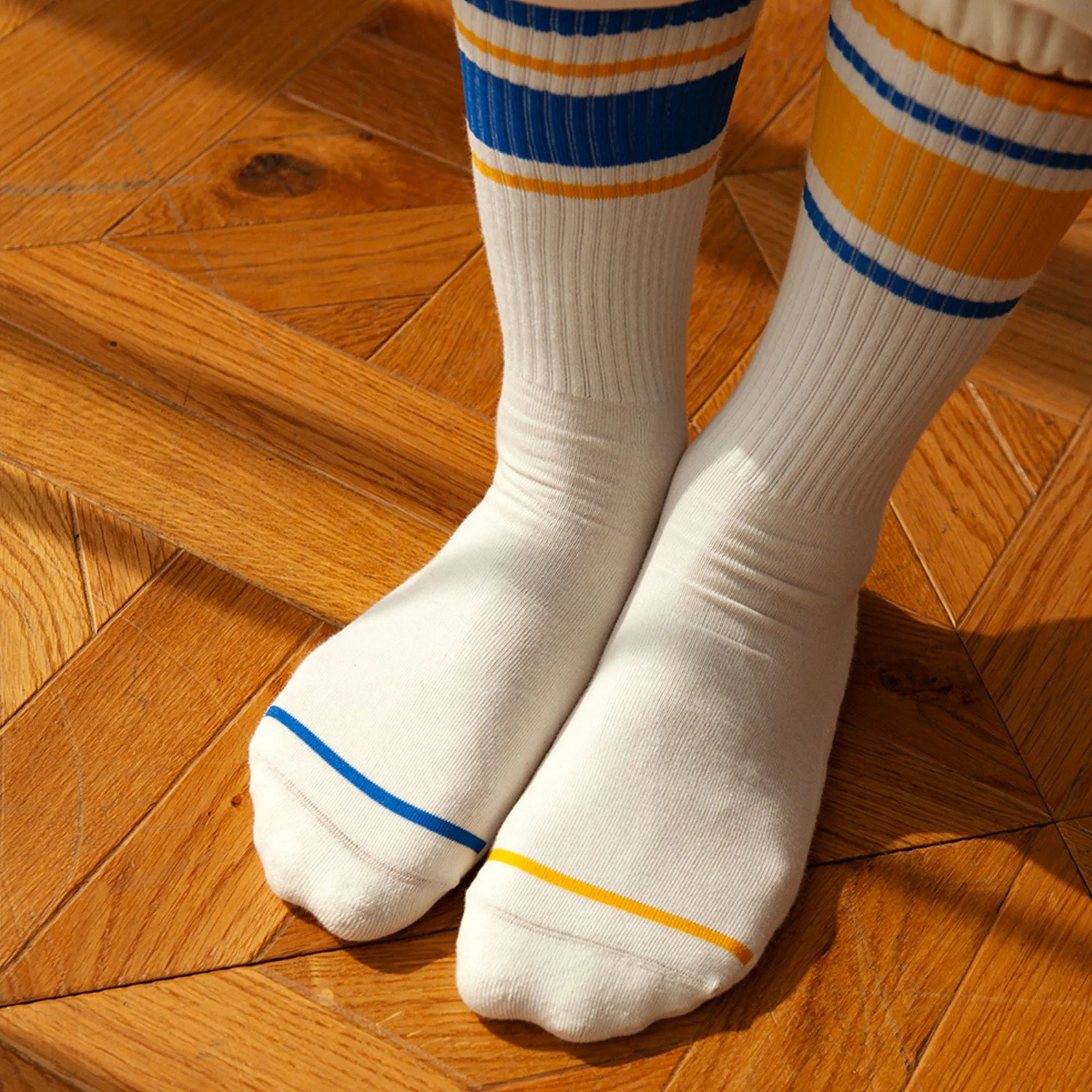 Women's Mismatched Vintage Stripe Socks - Blue, Yellow, & White