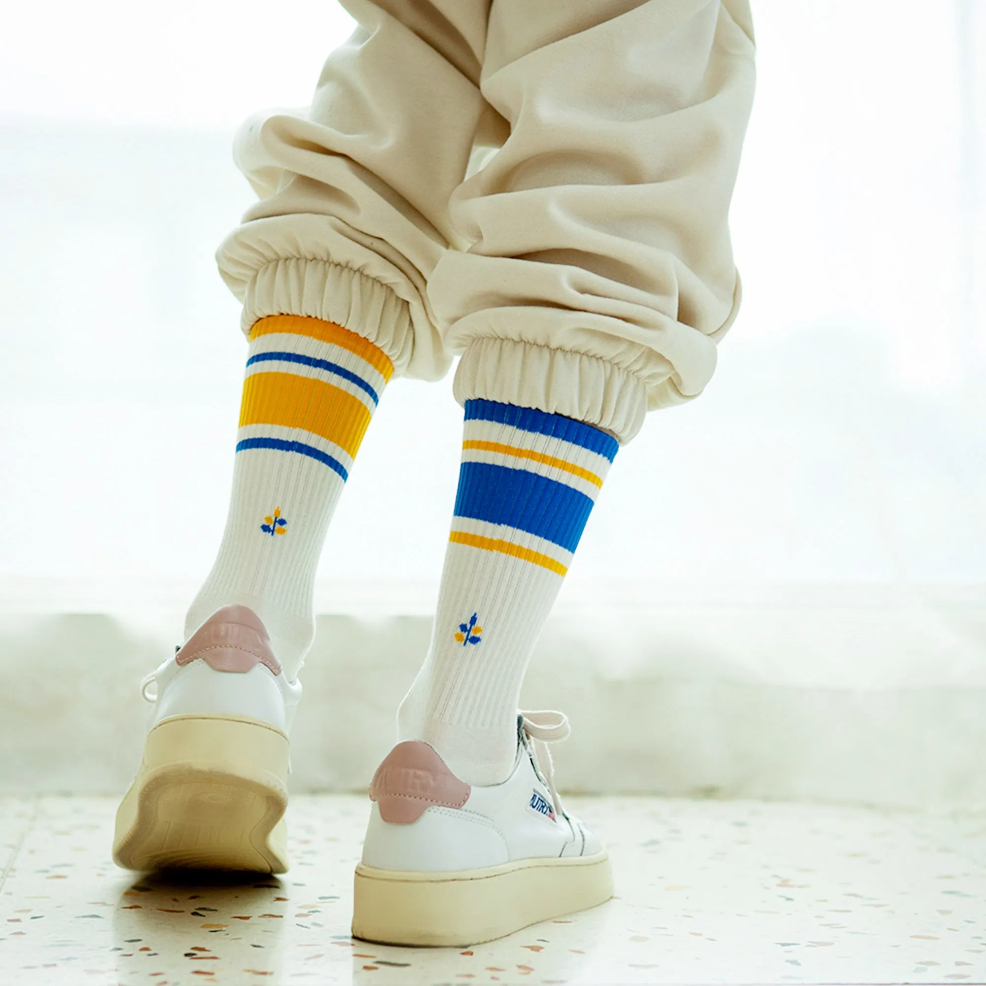 Women's Mismatched Vintage Stripe Socks - Blue, Yellow, & White